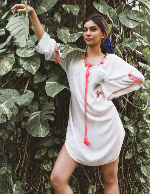 BLUSH FLOURSCENT EMBROIDERED KURTA WITH POMPOM