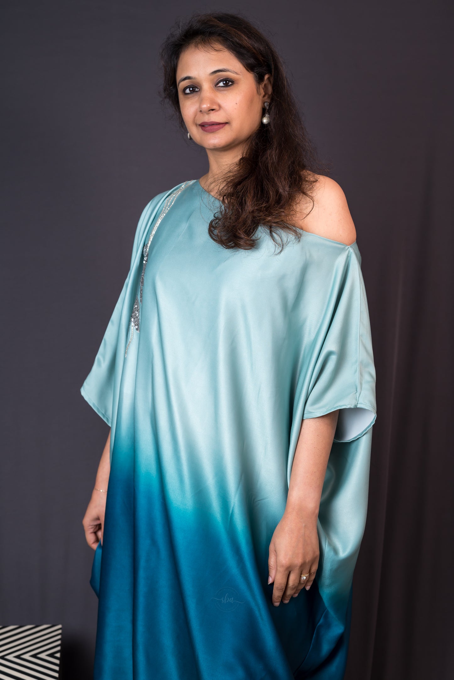 Milos dress- aquamarine ombre kaftan dress with sequin handwork