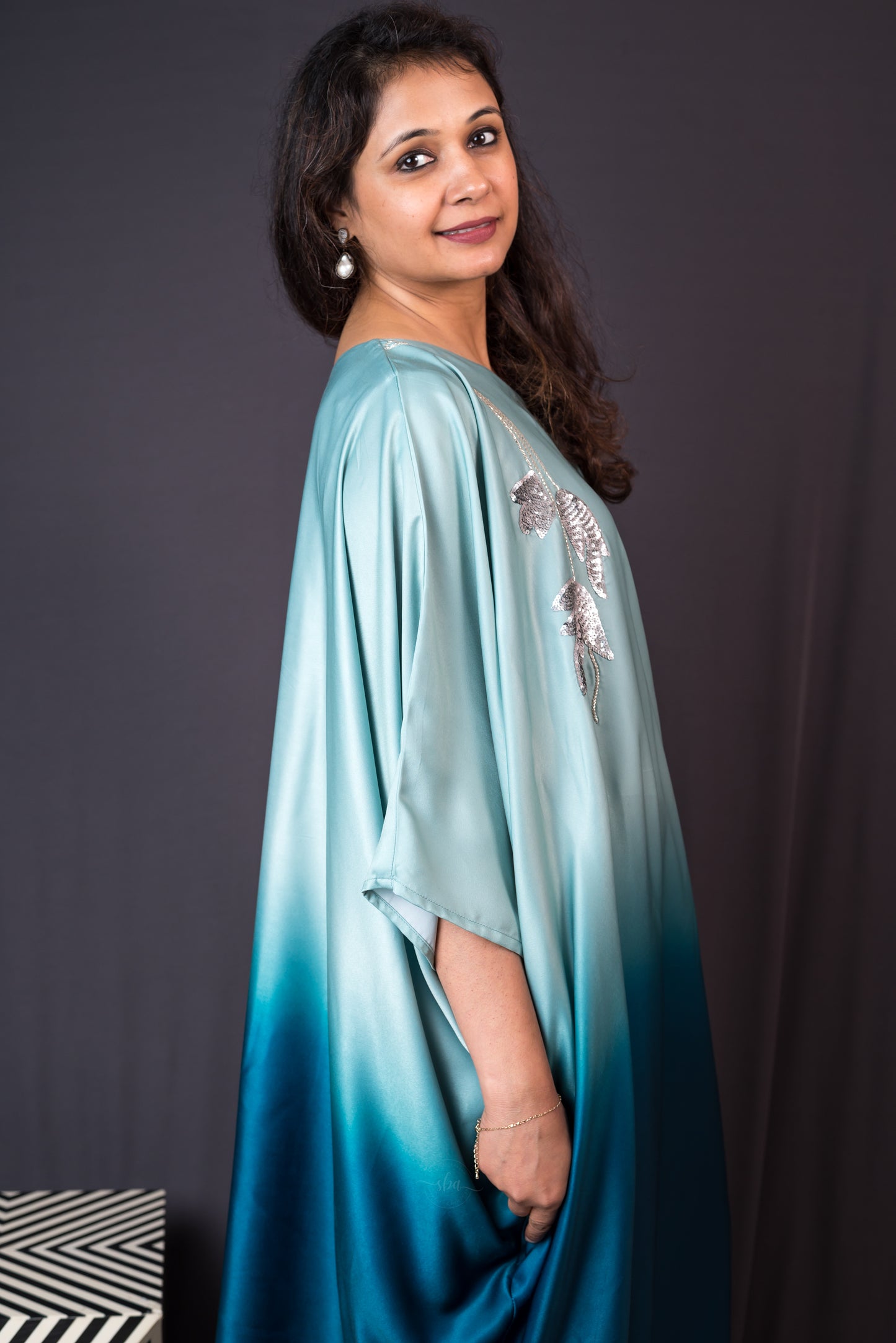 Milos dress- aquamarine ombre kaftan dress with sequin handwork