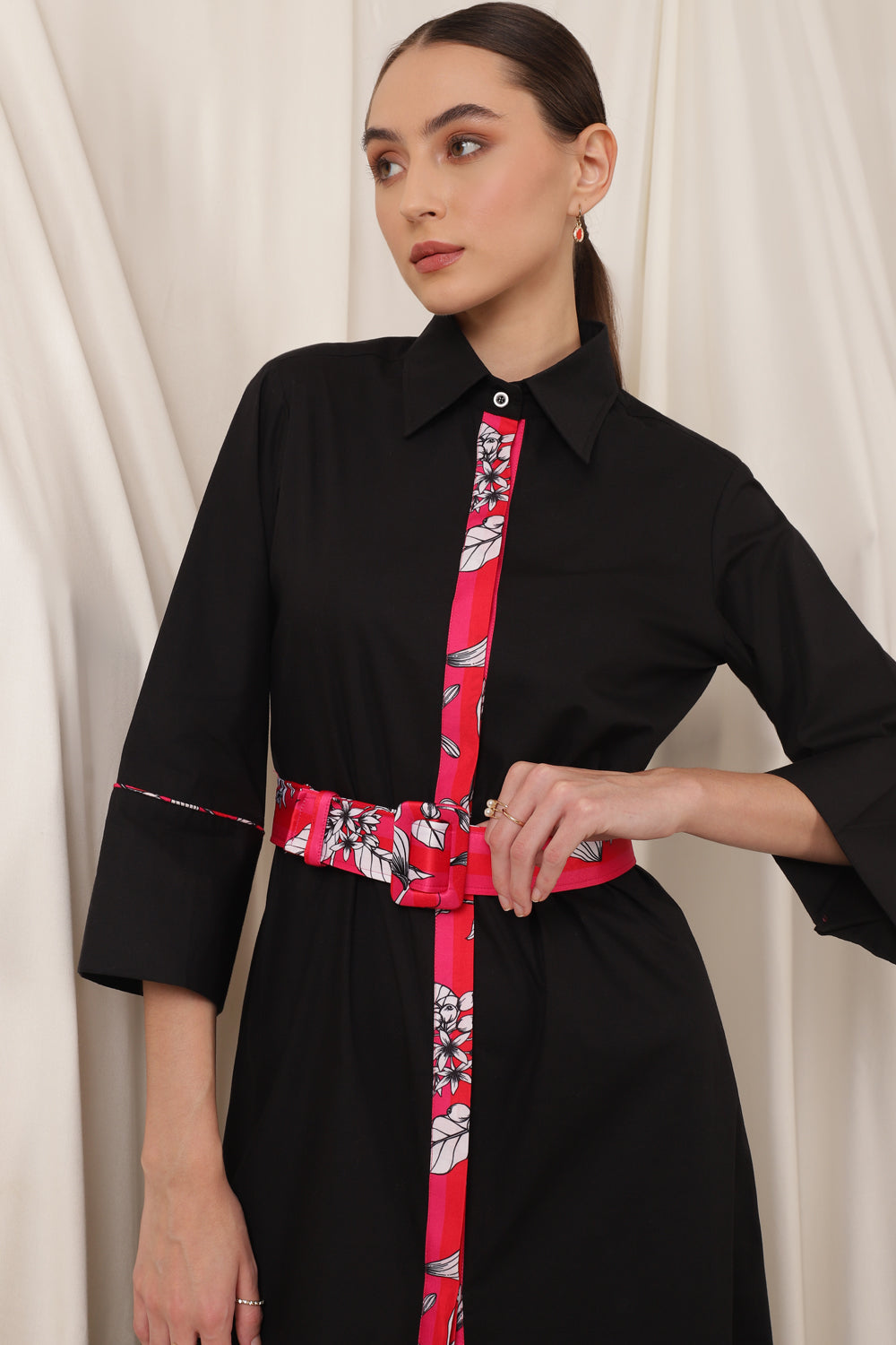 LONG BLACK SHIRT DRESS WITH PINK FLORAL BELT TIE UP