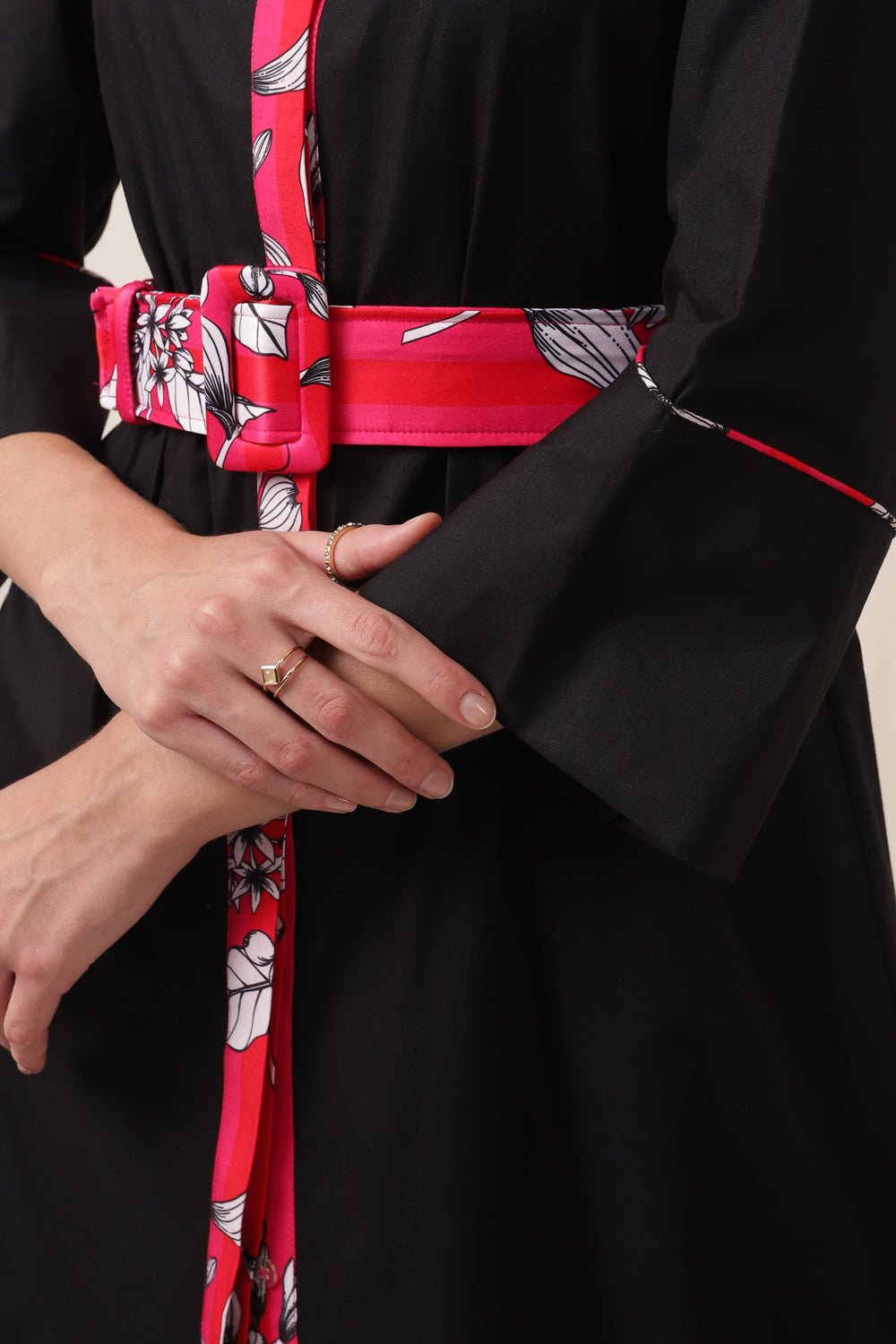 LONG BLACK SHIRT DRESS WITH PINK FLORAL BELT TIE UP