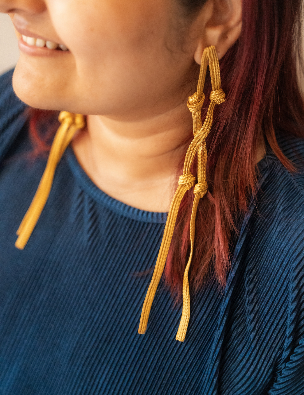 Double-Knotted Golden Mesh Long Earrings