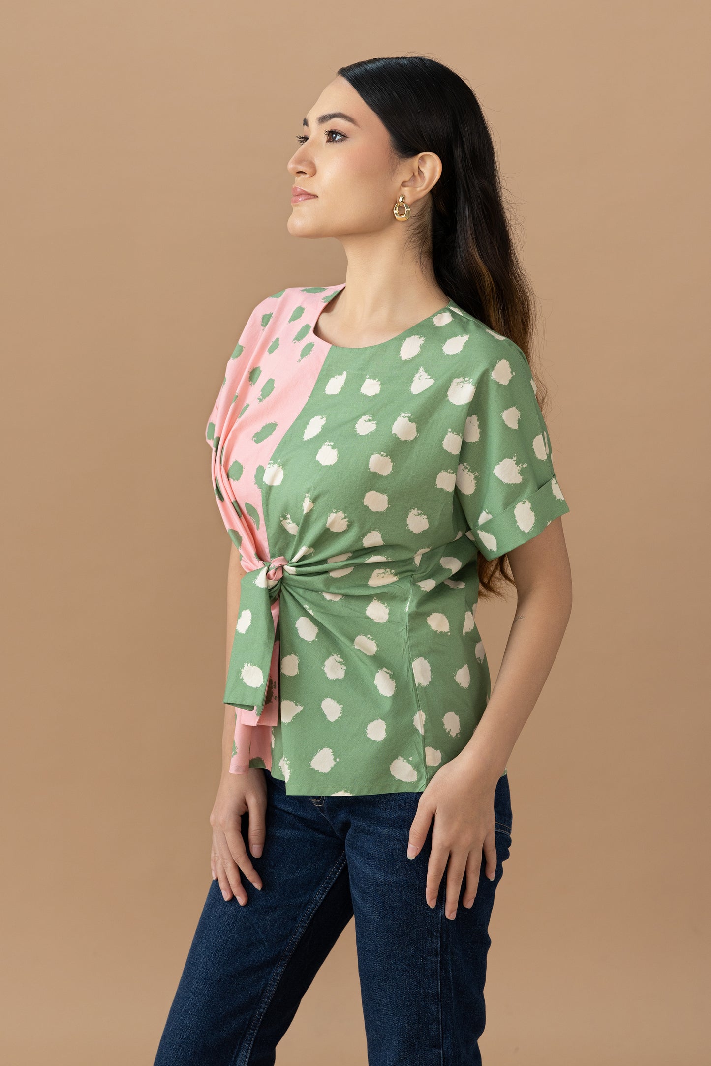 Nadine Tie Top - Olive & Quartz Dot