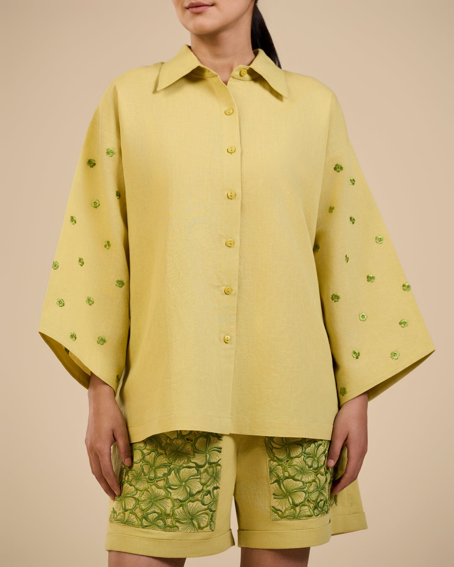 Lime Green Shirt with embroidered sleeves