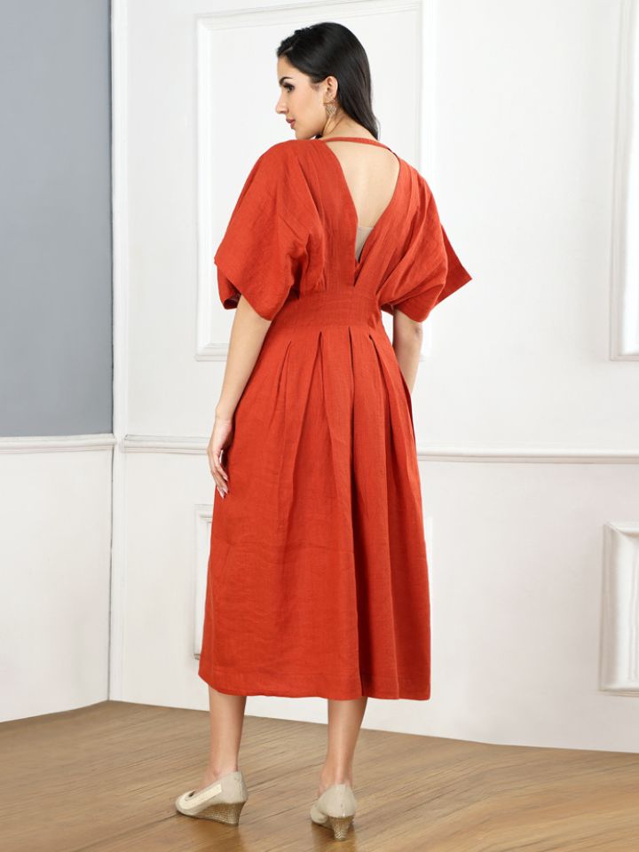Burnt Orange Linen Puff Dress - Image 3
