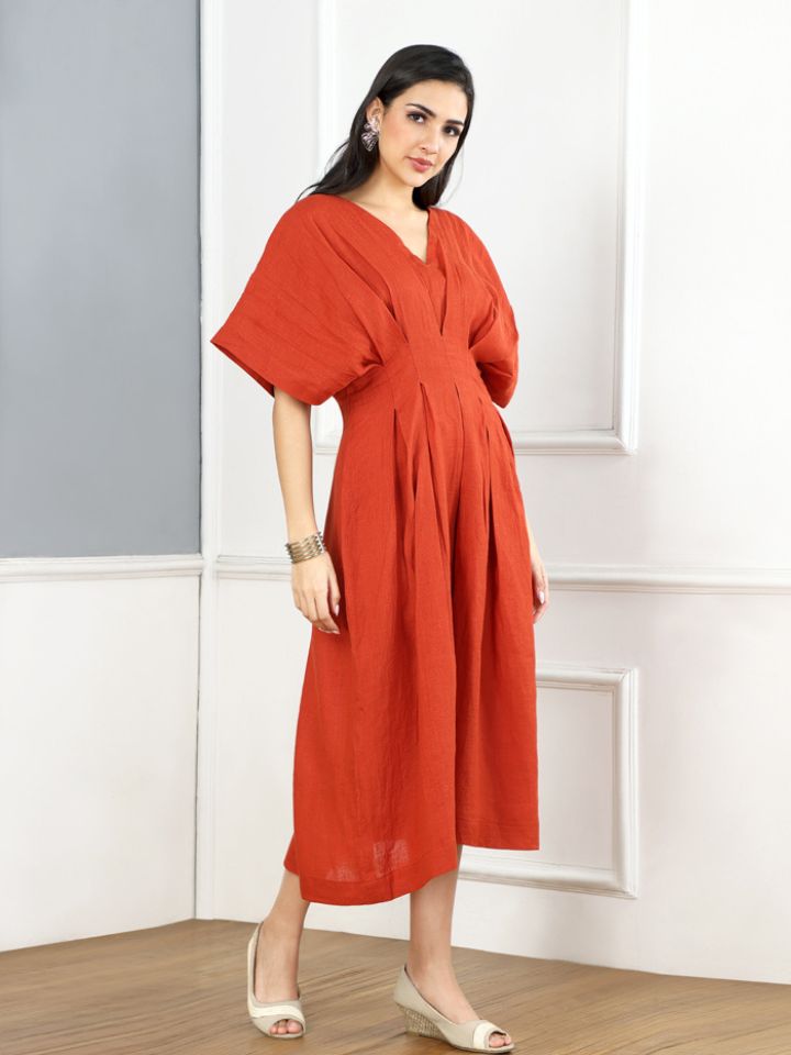 Burnt Orange Linen Puff Dress - Image 4