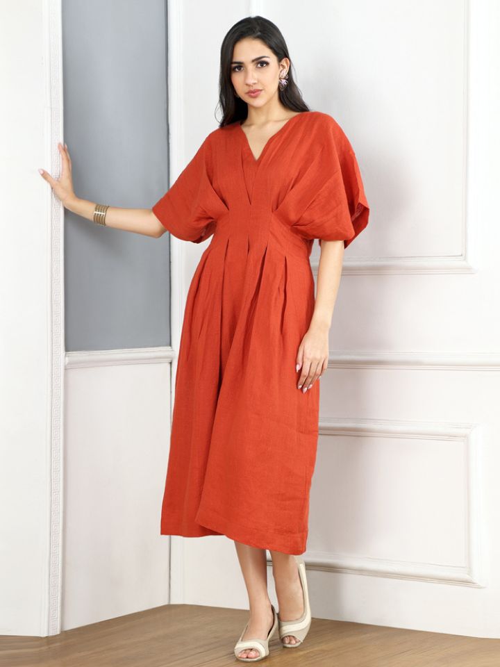 Burnt Orange Linen Puff Dress