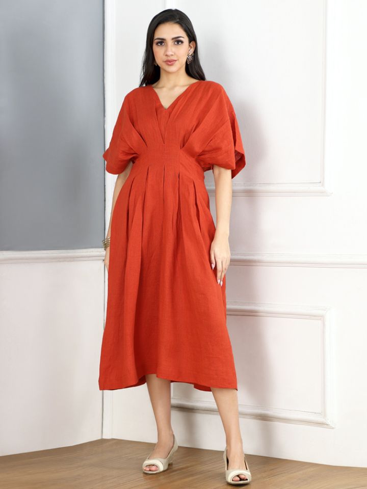 Burnt Orange Linen Puff Dress - Image 6