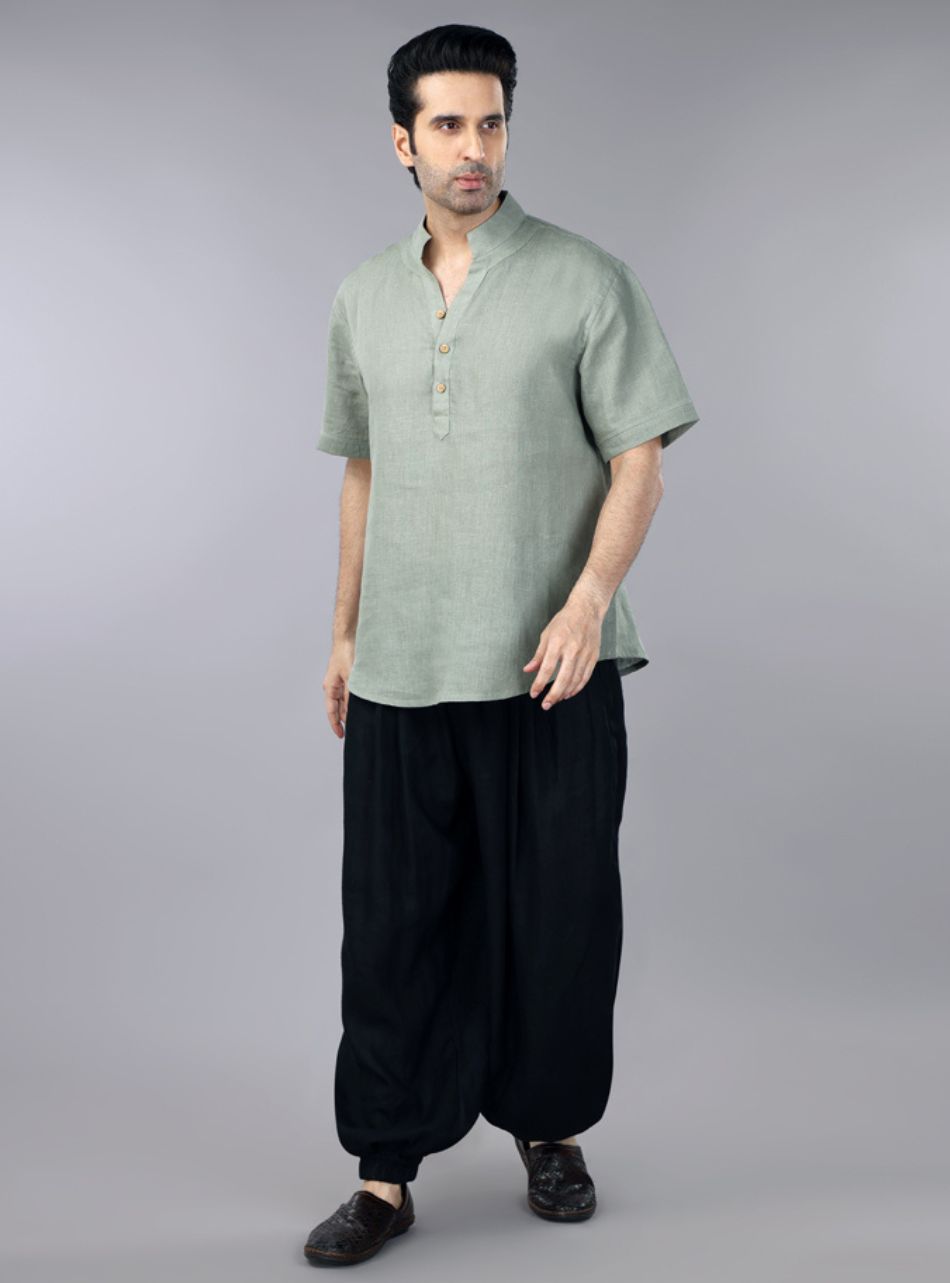 Sage Green Linen Short Kurta & Balloon Pant Set