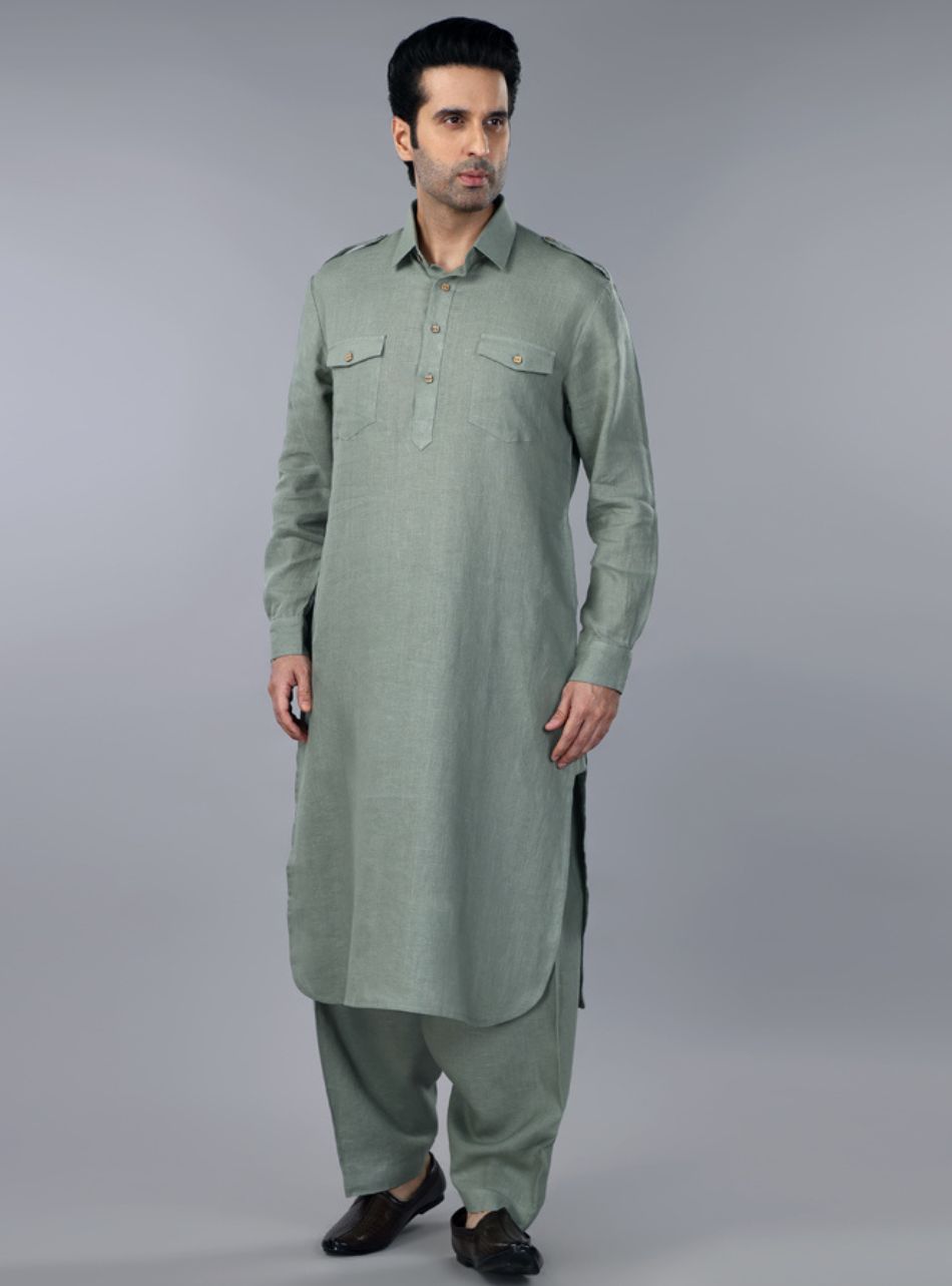 Sage Green Linen Pathani Suit