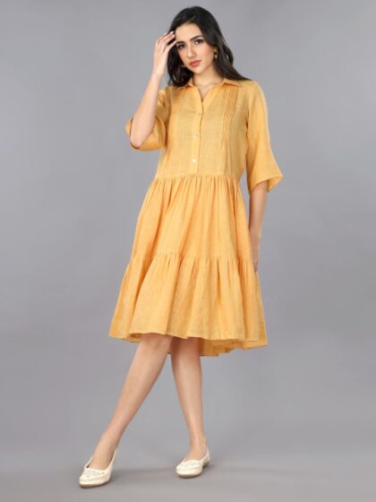 Apricot Linen Pleated Flared Dress