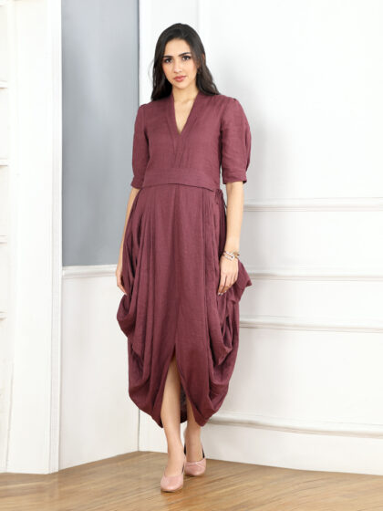Plum Linen Cowl Dress