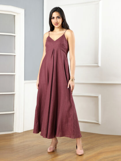 Plum Linen Flared Maxi Dress