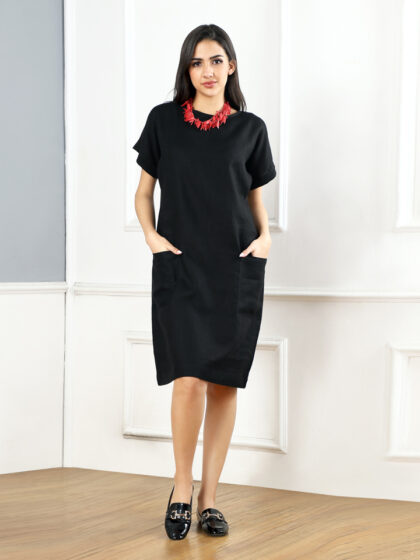 Pitch Black Linen Pocket Dress