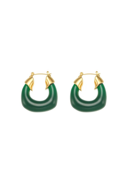 Gold Plated Classic U Shaped Resin Green Hoop Earrings