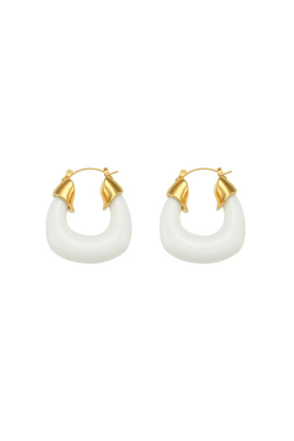 Gold Plated Classic U Shaped Resin White Hoop Earrings
